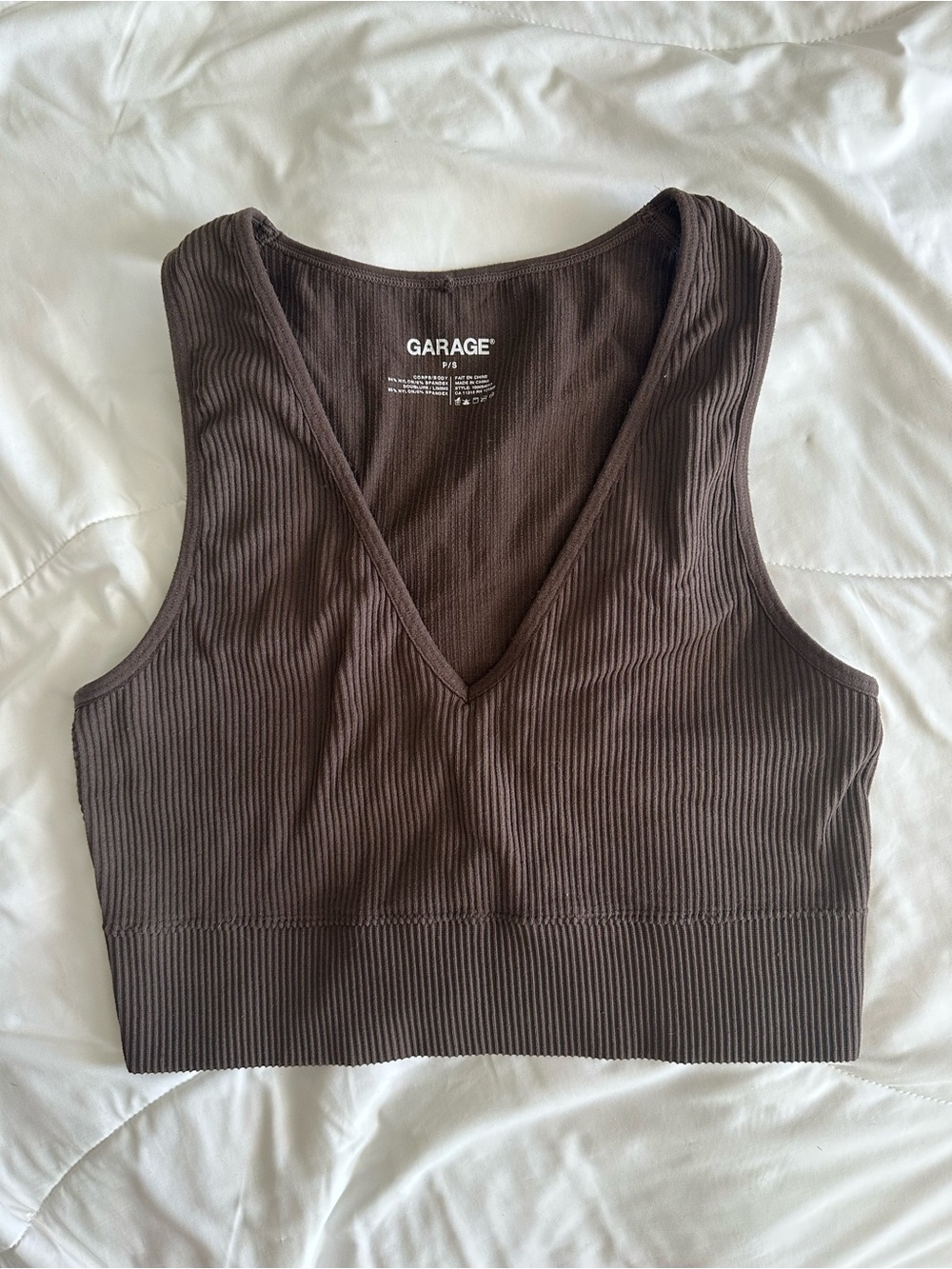 Garage Women's Brown Ribbed V-Neck Crop Tank